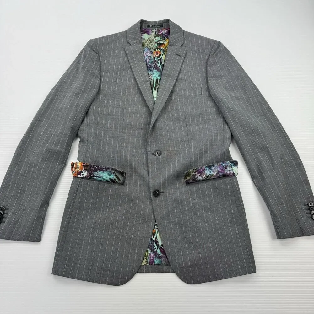 Hive & Colony Gray Pinstripe Blazer Mens 38L Wool Blend Floral Lined Sport Coat